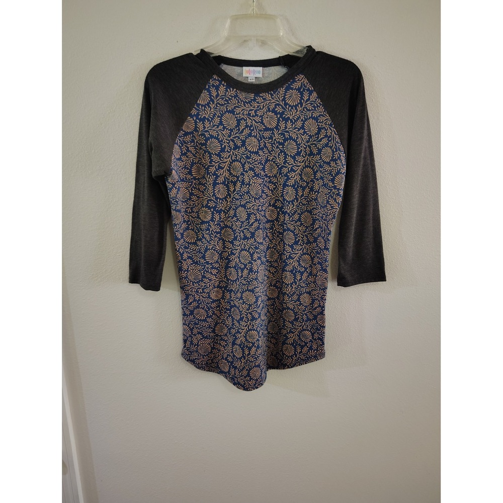LuLaRoe Randy Baseball Tee Womens XS Blue Tan Floral Raglan 3/4 Sleeve Shirt